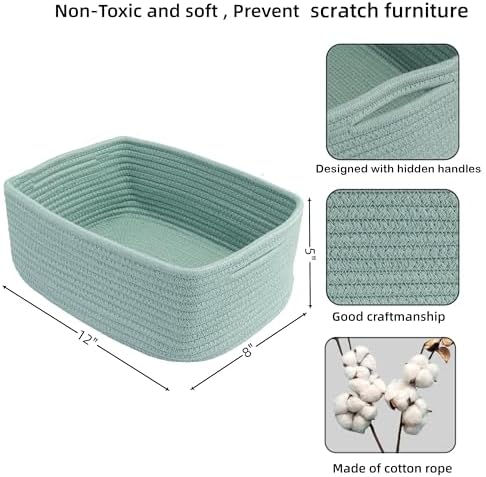 XUANGUO Small Woven Storage Baskets for Shelves, 12" x 8" x 5", Green | Decorative rope storage bins for closets and toy storage; cute organizer baskets, empty gift baskets and nursery storage.