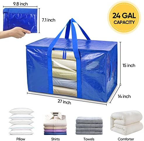 BALEINE 2-Pack Oversized Moving Bags with Reinforced Handles, Heavy-Duty Storage Tote Moving Supplies for Packaging, Camping (Blue w/Window, 2-Pack)