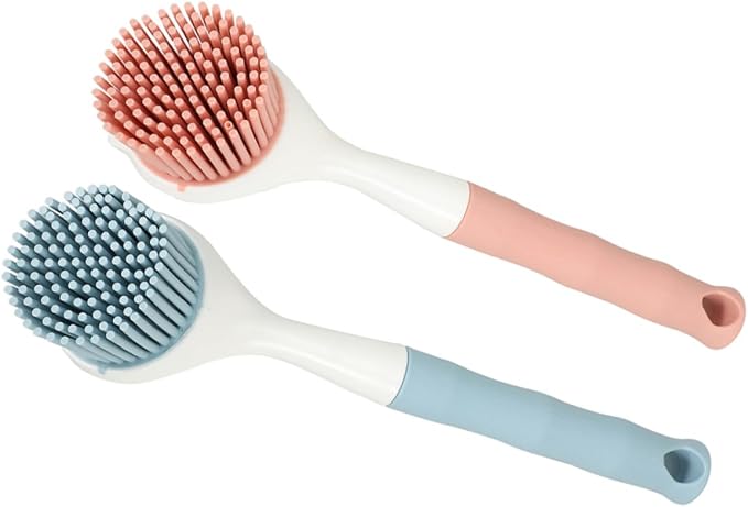 2Pcs Kitchen Dish Scrubber Brush Set Non-Scratch Silicone Pot Brush with Long Comfortable Handle for Effective Oil and Stain Removal on Pans and Dishes