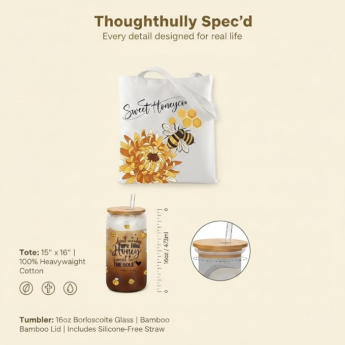 Bee 16 Oz Glass Tumbler, Bamboo Lid, Straw and Canvas Tote Set | Bee-Themed Glass Tumbler With Bamboo Lid, Straw and Matching Canvas Tote for Coffee, Iced Drinks and Thoughtful Gifts