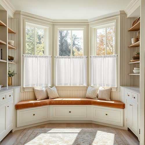 Off White Semi Sheer Linen RV Campers Curtains 45 Inch Long 2 Panels | Ivory, Rustic, Short Curtains for Cafe Small Window Treatment, Light Filter, W25xL45 Inch, Rod Pocket Drapes