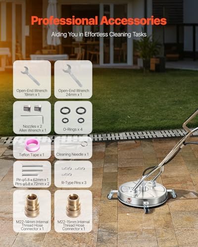 VEVOR 18 Inch Pressure Washer Surface Cleaner, 4000 PSI Stainless Steel Attachment with 4 Wheels, 2 Nozzles, 3/8 Inch Quick Connect and Dual Handle for Concrete, Patio, Sidewalk