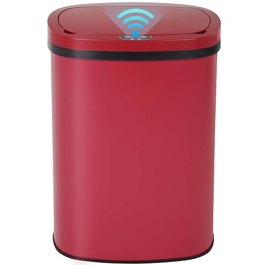 BLKMTY 13-Gallon Stainless Steel Trash Can with Lid, Red, 50L | 50 Liters Garbage Can, Touchfree Motion Sensor Garbage Bin, Tall Automatic, For Home Office Bathroom