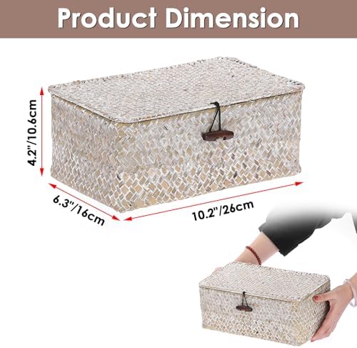Sumnacon Wicker Basket with Lid,Tampon Holder for Bathroom,Whitewash,S | Natural Seagrass Female Product Organizer for Toiletries Pad Tampon Storage,Farmhouse Woven Baskets for Shelf, Toilet Tank
