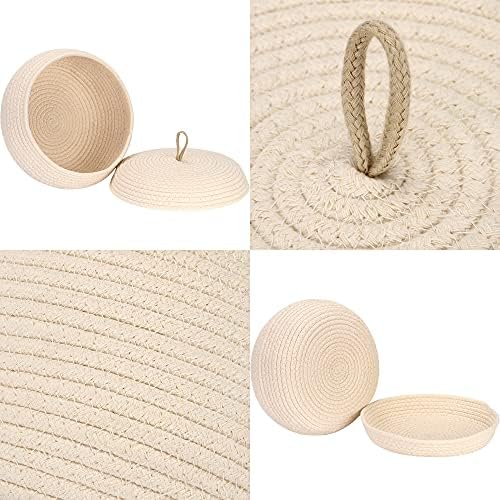 Sea Team Round Woven Cotton Rope Storage Basket with Lid, Cream | Lidded Knitted Decorative Storage Bin, Pot, Caddy, Organizer, Container for Snacks, Towels, Plants, 13 x 5.5 Inches