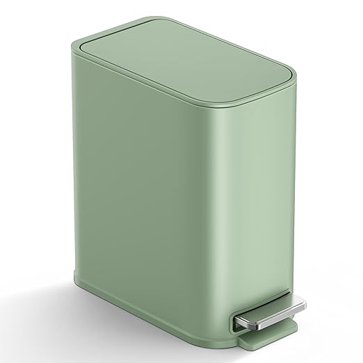 TIPGO Small Bathroom Trash Can with Lid Soft Close,1.3 Gallon, Green | Step Pedal, Removable Inner Bucket, 5 Liter Slim Stainless Steel Garbage Can for Bedroom, Office, Kitchen