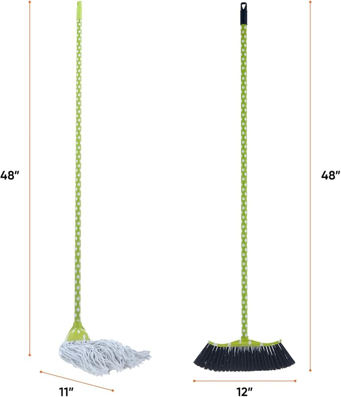 Superio Cotton Mop and Broom Set, Light Green Polka Dot Print Design, Superior Cleaning Tools Broom and String Mop.