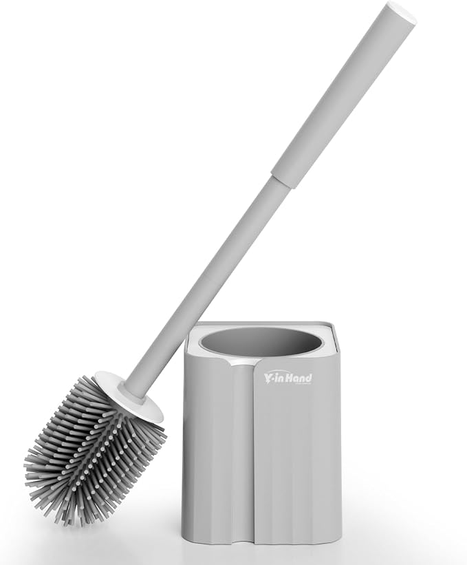 Y-in Hand Toilet Brush and Holder Set, Silicone Toilet Bowl Cleaner Brush Bristles, Bathroom and RV Cleaning Tools, Space Saving Toilet Scrubber, Wall Mountable. (Grey)