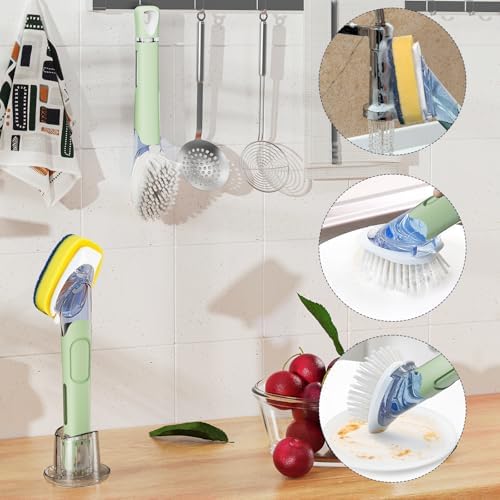 RIMAY Dish Brush Set with Soap Dispenser, 2 Refills and Storage Holder | Soap Dispensing Dish Brush dish scrubber with handle for Cleaning Dishes, Pans, Sink, Pots, Green