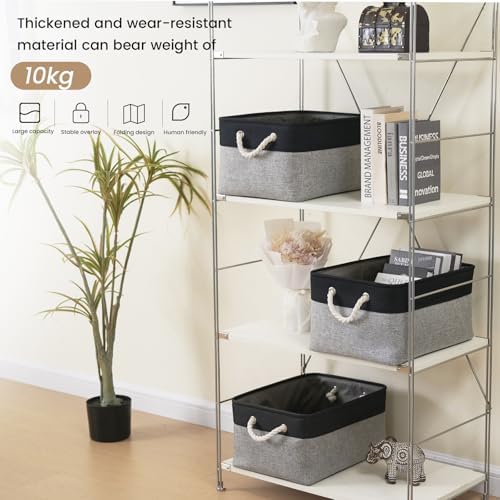 15.7x11.8x8.26 Inch Fabric Large Storage Bins with Handles 6 Pack | Foldable, Sturdy Metal Strand, Cardboard Support Molding, Fabric Storage Baskets for Shelves, Closet, Bedroom, Black/Gray