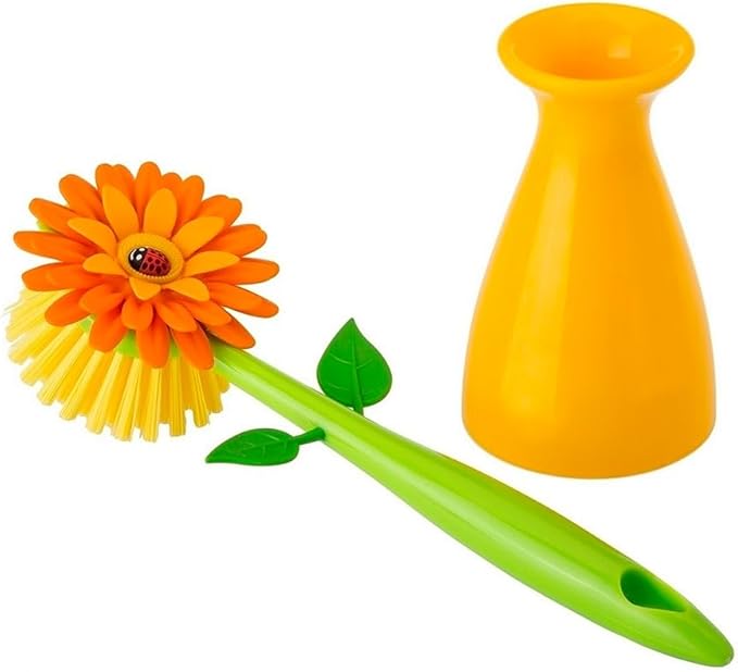 Vigar Flower Power Dish Brush with Handle and Vase Holder - Orange | Dish Scrub Brush for Dishes, Kitchen Scrub Brush, Sink Cleaning Brush, Pot Scrubber, Dishwashing Brush
