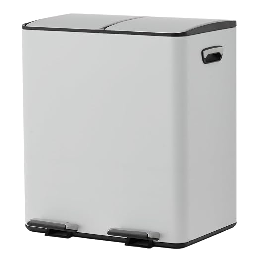5gal Stainless Steel Double Trash Can with Lid for Kitchen, Large Dual Trash and Recycle Bin Combo, Step-on Kitchen Metal Garbage Cans, PP Inner Buckets, Liner Rim, White