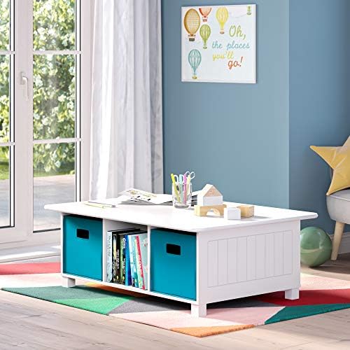 RiverRidge Folding Storage Bins - 2-pack of 10in Tall Turquoise Cubes | Fabric Bins, Set of 2 Storage Cubes, Cut-out Handles, Playroom Closet Organizer, Collapsible Cubby with Bottom Board Insert