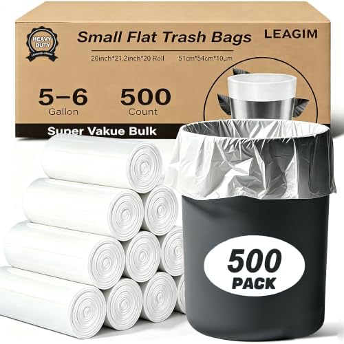 500 Count 5-6 Gallon Trash Bags, Strong Small Garbage Bags, Bathroom Trash Can Bin Liners, Unscented White Wastebasket Liners for Kitchen Office Toilet and Bedroom, Cleaning Supplies
