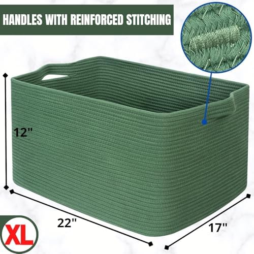 MINTWOOD Design 22in Extra Large Blanket Basket Holder Living Room, Rectangle Rope Woven Storage Basket with Handles for Laundry, Pool Towels, and Shoes, Dog Toy Organizer Bin Box, Forest Green