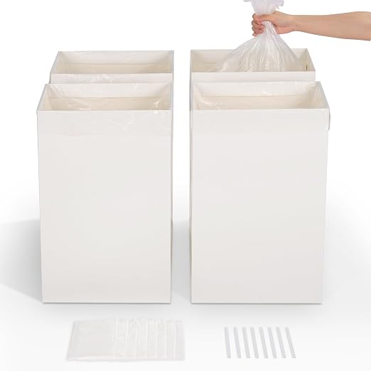 ANZON MORIES 4 Packs Trash Can 13 Gallon Disposable with 8 Waste Bags | Sturdy Cardstock, Recyclable, Splash-Resistant, Pop-Up, Foldable & Portable, for Kitchen, Parties, RV Camping & Outdoor Use