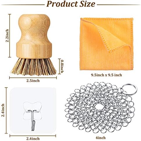 Patelai 7 Pcs Cast Iron Cleaning Kit,Chainmail Scrubber Brush,Bright Color | Cast Iron Accessories with 2 Grill Scrapers, Handle Holder, Dish Cloth, Wall Hook for Cast Iron Pan Skillet Camping Kitchen