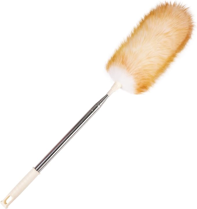 Extendable Lambswool Duster Stainless Steel Handle 133" Removable Feather Duster for Cleaning Ceiling Fans Interior Roof Furniture, Yellow