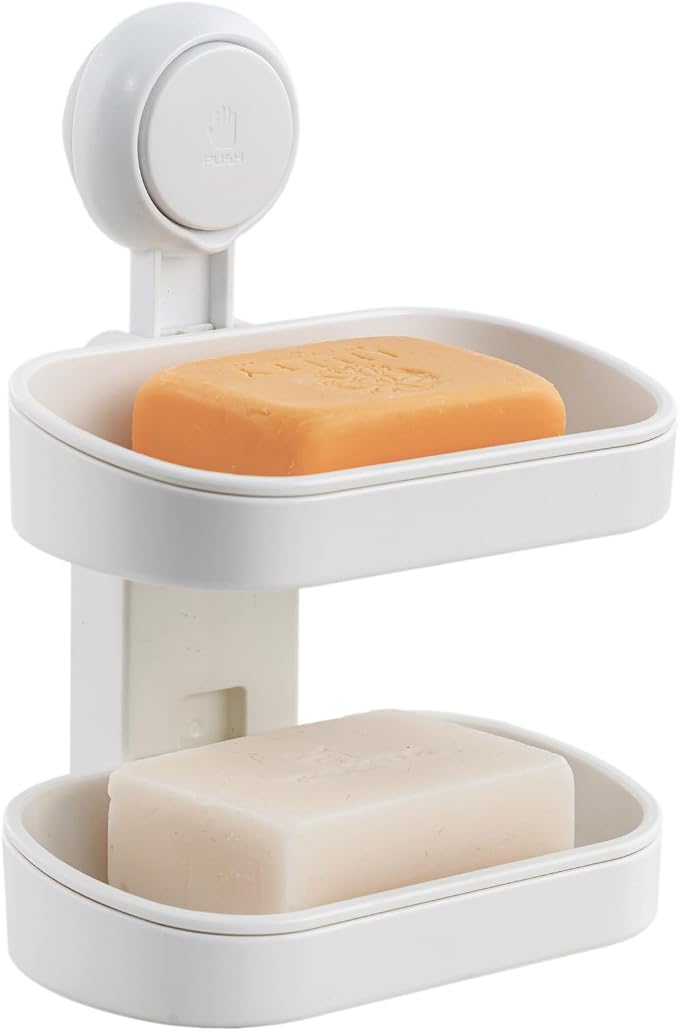 LEVERLOC Soap Holder, Soap Dish for Shower, Suction Cup Bar Soap Holder | 2 Layer Soap Bar Holder for Shower, Wall Mounted Self Draining, NO Drill Sponge Holder for Bathroom, Bathtub Kitchen Sink