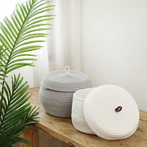 Sea Team Round Woven Cotton Rope Storage Basket with Lid, White | Lidded Knitted Decorative Storage Bin, Pot, Caddy, Organizer, Container for Snacks, Towels, Plants, 10 x 7.5 Inches