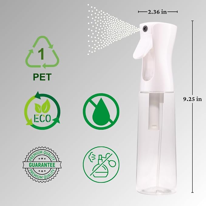 Spray Bottle, Continuous Spray Bottle for Hair (10.1oz/300ml) Nano Fine Plastic Water Mist Sprayer for Skincare, Hairstyling, Cleaning and Disinfection, Pet Grooming, & Plant Care (Pack of 1)