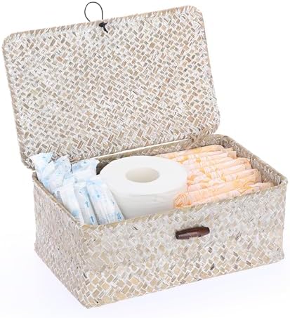 Sumnacon Wicker Basket with Lid,Tampon Holder for Bathroom,Whitewash,S | Natural Seagrass Female Product Organizer for Toiletries Pad Tampon Storage,Farmhouse Woven Baskets for Shelf, Toilet Tank
