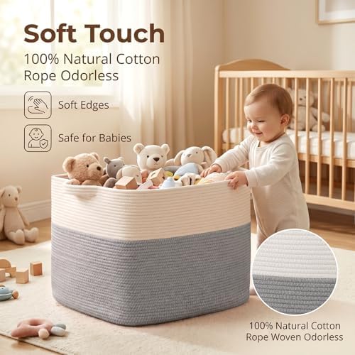 OIASKET 108L Cotton Rope Storage Basket for Living Room and Bedroom 25"x16"x16" Woven Laundry Basket, Heavy Duty Bin for Blankets, Pillows & Toys, Pet-Safe & Scratch-Free, Grey and White