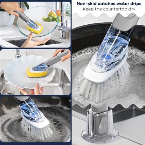 RIMAY Dish Brush Set with Soap Dispenser, 2 Refills and Storage Holder | Soap Dispensing Dish Brush dish scrubber with handle for Cleaning Dishes, Pans, Sink, Pots, Grey