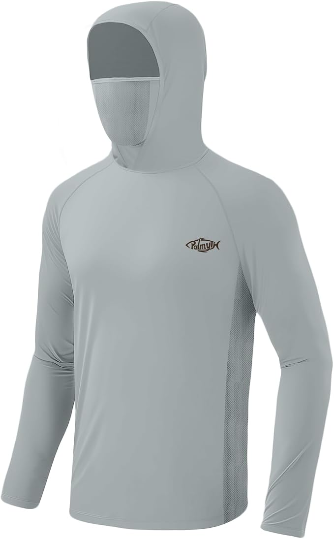 Palmyth Men's Fishing Hoodie UPF 50+ Long Sleeve with Face Mask Neck Gaiter | Zipper Pocket, Thumb Loops, Quick-Dry, Side Mesh Panels, Lens Cleaning Cloth