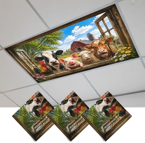 Fluorescent Light Covers for Drop Ceiling Farm Happy Pig Cow Sheep Chicken Magnetic Light Filters, Window View Ceiling Shade Filters for Home Classroom Office,2x4 ft,3Packs