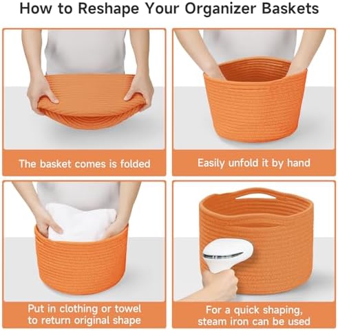 3 Pack Small Rope Storage Baskets, 9.82×9.82×7.1", Orange | Cotton Basket for Gifts Empty, Cute Round Woven Basket, Decorative Shelf Basket Organizer, Organizing Basket for Shelves