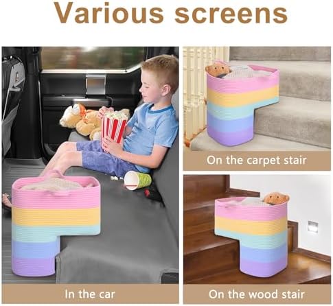 Stair Basket for Wooden & Carpeted Stairs, Foldable Cotton Rope Step Basket with Handles, Staircase Storage Organizer, Fog Grey, 15" Lx 10" W x 15" H