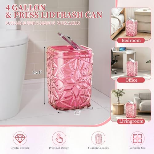2-Piece Snowflake-Textured Acrylic Trash Can Set with 150 Drawstring Bags, 4 Gallon Sliver Press-Lid Wastebasket and Small Open-Top Desktop Bin for Bathroom, Bedroom, Office, Pink
