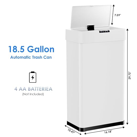 Sensor Trash Can, Touchless Motion Sensor Trash Bin | Smart Automatic Garbage Can with Soft-Close Lid, Bag Retainer Ring and Display Light, for Kitchen, Office (White, 18.5 Gal)