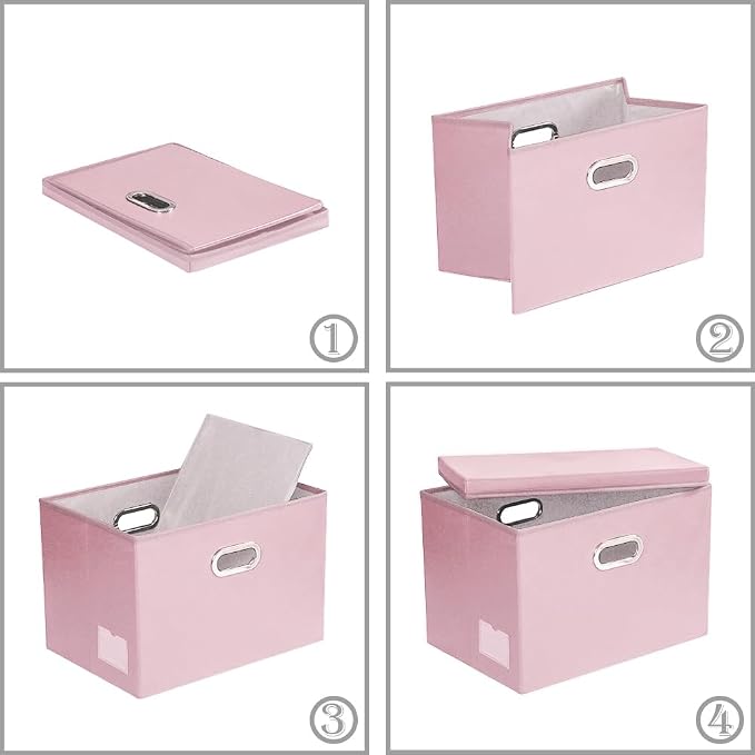 Foldable Storage Bins with Lids [5-Pack] Leather Fabric Collapsible Storage Boxes Organizer Containers Baskets Cube with Cover for Bedroom Closet Office Nursery Pink (14.9x10.8x10)