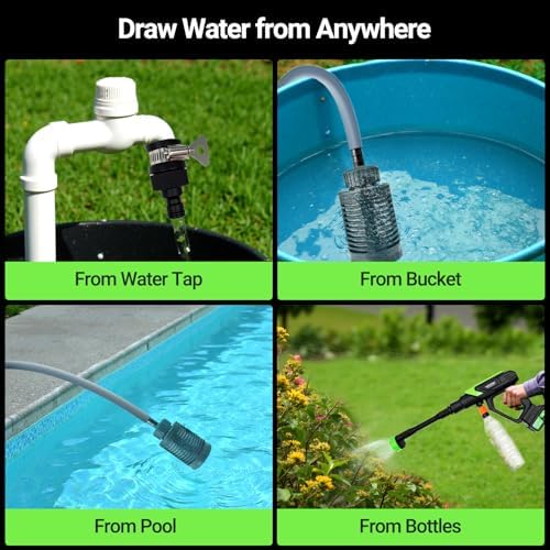Cordless Portable Washer, 5 Gear Brushless Washer for Car Washing, Patio, Fence, Driveway, Outdoor Cleaning, with 2 Batteries, 6 in 1 Nozzle, 6 Meter Hose, Tap Adapter