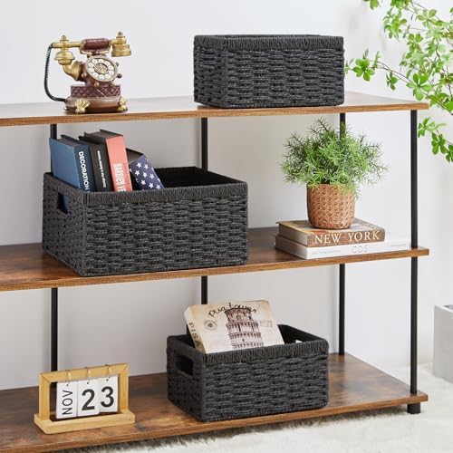 Vagusicc Wicker Storage Basket, Set of 3 Wicker Basket, Hand-Woven Paper Rope Storage Baskets for Organizing, Large Cube Storage Organizer Bins Baskets for Shelves Small Toilet Paper Baskets, Black