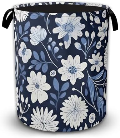 Navy Blue Flowers Laundry Hamper with Sturdy Handles, Collapsible Laundry Basket, Waterproof Clothes Storage Organizer, Large Capacity for Bathroom Bedroom