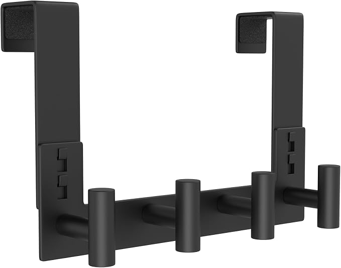 PMMASTO Door Hanger for 1-3/4 Inch Doors, Black- 4 Hooks, T Shape | Stainless Steel Door Hooks Organize Coats Towels Robes in Bathrooms Bedrooms Closets