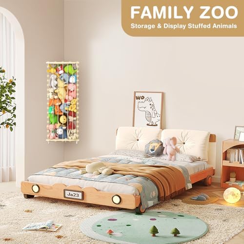 Stuffed Animal Storage Shelf Organizer(Patented) - Corner Stuffed Animal Holder Length Adjustable - Wall Plush Storage with Light for Nursery Playroom Bedroom Kids Room (Beige)