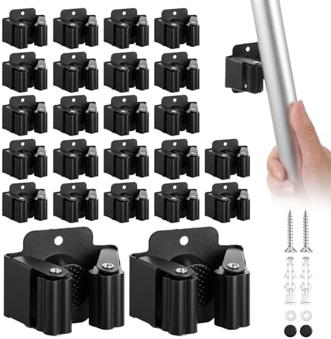 24 PCS Heavy Duty Broom Holder Wall Mount, Stainless Steel Broom Hanger Wall Mount with Screws - Black Mop & Garden Tool Organizer Rack for Garage, Kitchen, Laundry Room Storage