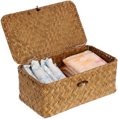 Sumnacon Small Wicker Basket with Lid,Tampon Holder for Bathroom,Caramel,XS | Natural Seagrass Female Product Organizer for Toiletries Pad Tampon Storage,Farmhouse Woven Baskets for Shelf, Toilet Tank