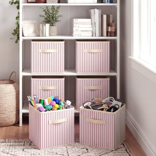 Amyhill 6 Pack Pink Striped Basics Collapsible Fabric Storage Bins | with Handles, Foldable Storage Cubes, 11 Inch, Closet Decorative Organizer, Baskets for Shelves Units, Home, Dorm