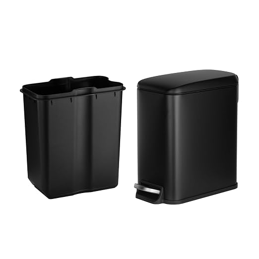 VEVOR Slim Bathroom Trash Can, 11.4 x 5.71 x 10.7 Inch Small Bedroom Trashcan with Step Pedal & Soft Close Lid, 6L Steel Garbage Can with Detachable Inner Bin, for Kitchen, Home, Dorm, Office, Black