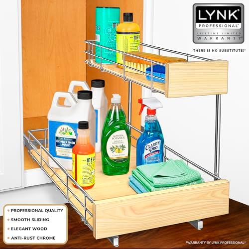 LYNK PROFESSIONAL® SELECT™ Pull Out Under Sink Kitchen Cabinet Organizer - 11.5 in. x 21 inch deep Drawer - Sliding Shelf Organizer and Undersink Storage Shelves - Lifetime Ltd. Warranty – Chrome