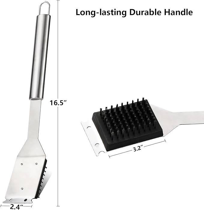 16.5” Grill Brush and Scraper with 2 Brush Replacements & 1 Screwdriver, Wire BBQ Grill Brush for Outdoor Grill, 304 Stainless Steel Cleaning Brush BBQ Grill Accessories
