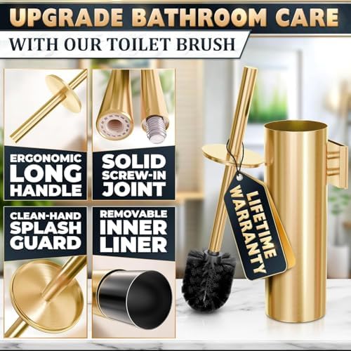 Gold Toilet Brush and Holder Set, Stainless Steel (Wall Mounted) | Toilet Brush with Holder Set, Splash Protection & Dense Bristles, Strong Vacuum Suction, Scratch- and Corrosion-Resistant