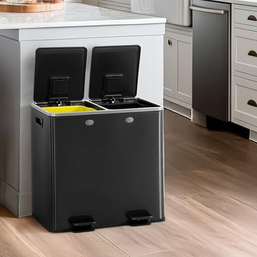 CAPHAUS Black Dual Trash Can w/Double Lid, Trash & Recycle Bins Combo, Hands-Free Stainless-Steel Garbage Can for Kitchen, with 2 Compartment, Hinged Lid, Odor Filters, Handles, 25L+25L, 2 x 6.6 Gal