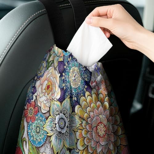 Car Trash Bag Hanging Back of Seat with Adjustable Snap Buckle Strap Cute Printed Drawstring Garbage Bags for Car-Boho Floral