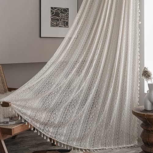 Sutuo Home Crochet Boho Curtain 63 Inches Length, Sheer Lace Handmade Tassels Knitted Window Treatment Vintage Rustic Bohemian Farmhouse Drape for Bedroom Rod Pocket 1 Panel 59" W x 63" L, Beige Wave